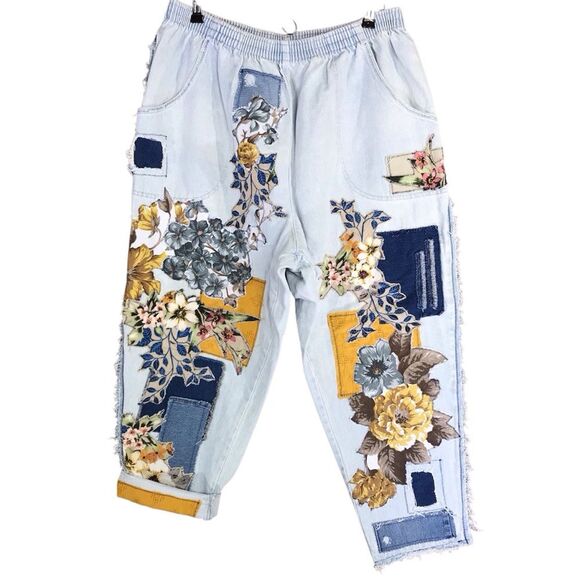 OOAK Classic Element Woman Upcycled Floral Patch Baggy Jeans Sz 20 - Picture 1 of 16